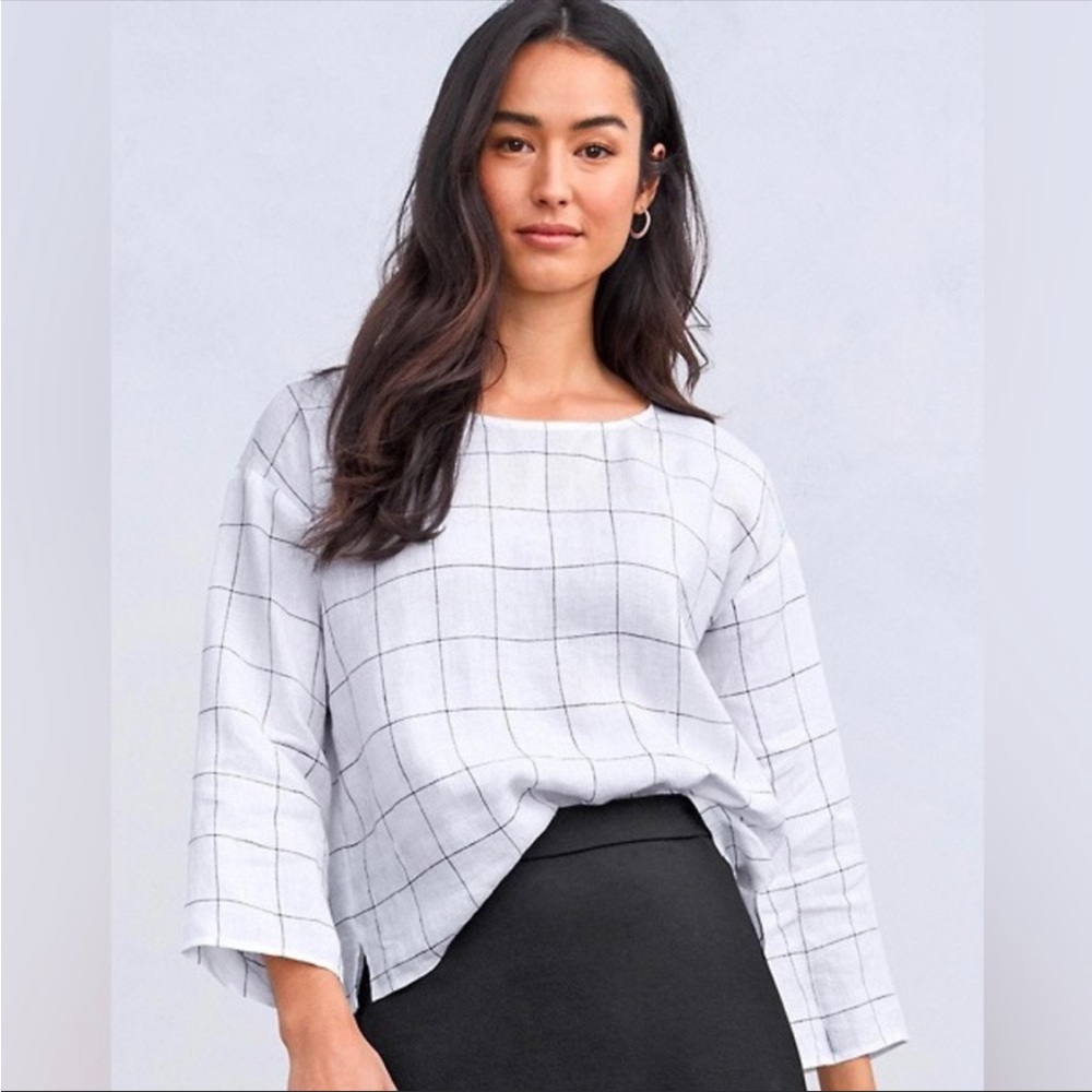 [Eileen Fisher] Organic Linen Grid Box-Top White XL